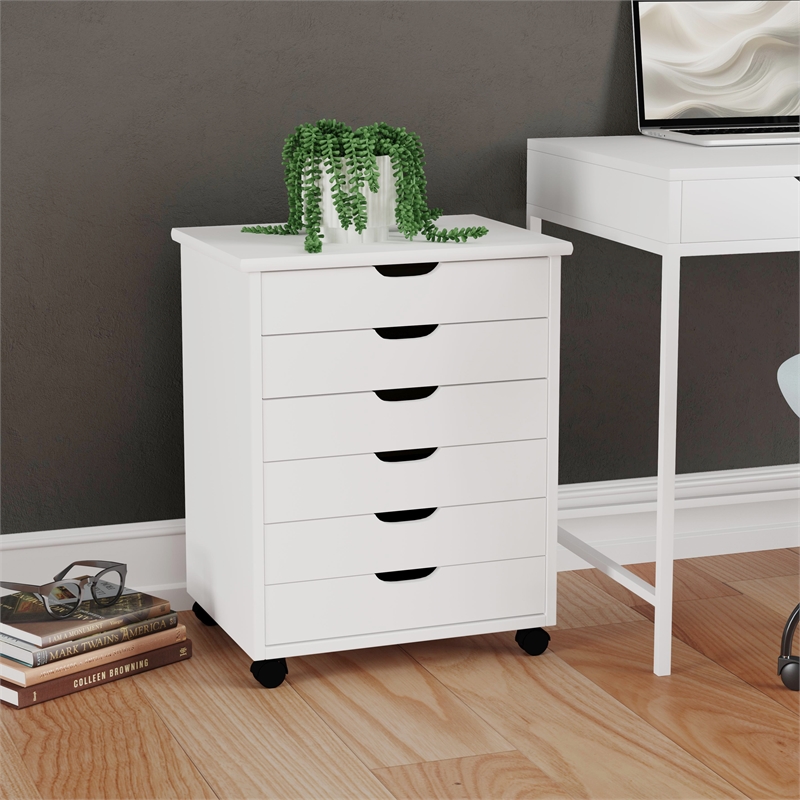 Linon Callie Six Drawer Wide Rolling Cart in White Wash Wood