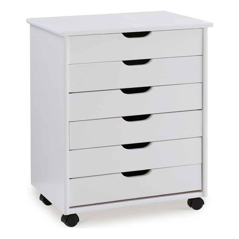 Linon Callie Six Drawer Wide Rolling Cart in White Wash Wood