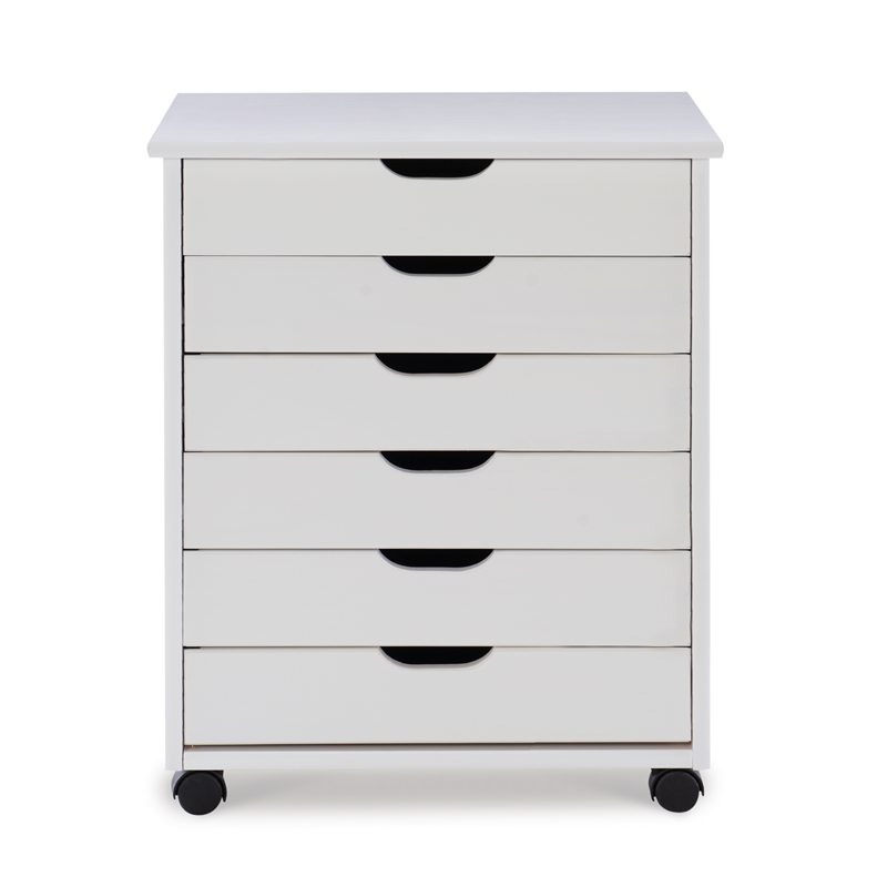 Linon Callie Six Drawer Wide Rolling Cart in White Wash Wood