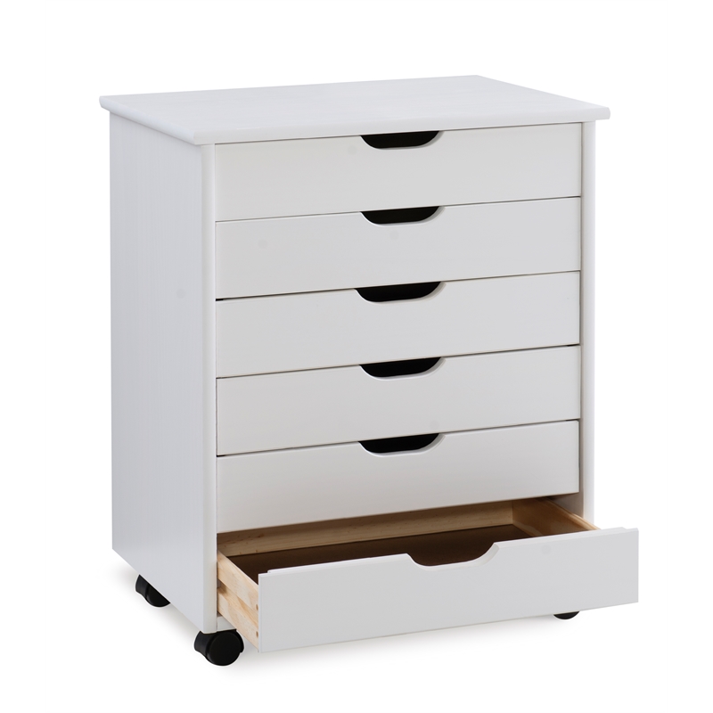 Linon Callie Six Drawer Wide Rolling Cart in White Wash Wood