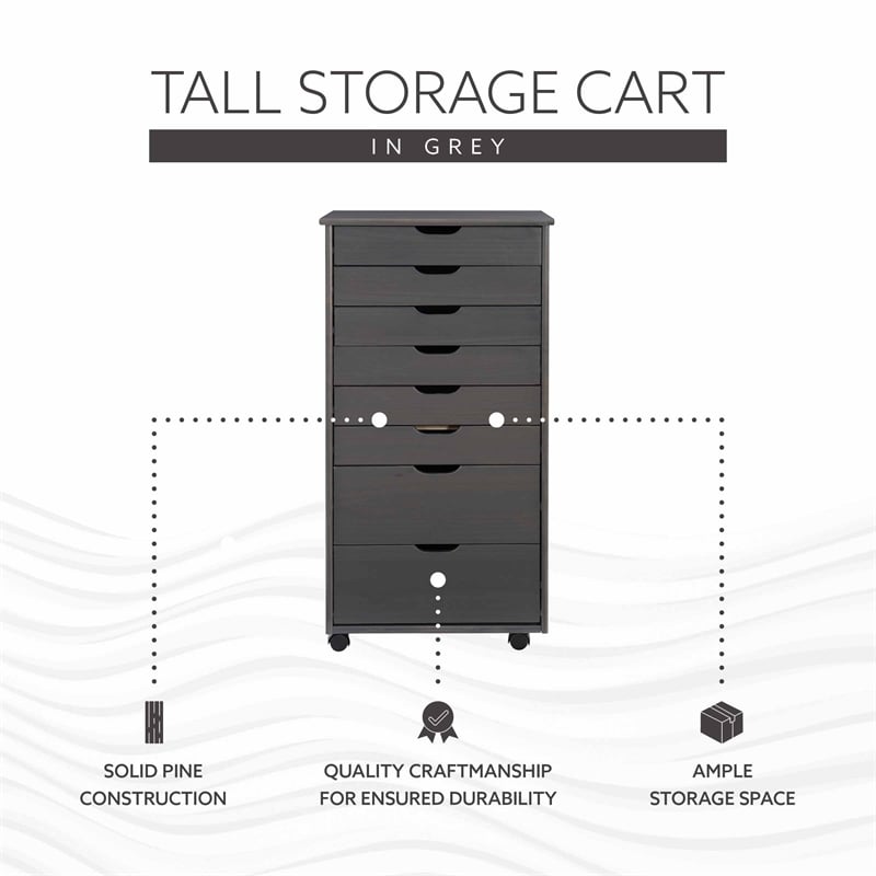 Linon Callie Eight Drawer Rolling Storage Cart in Gray Wood