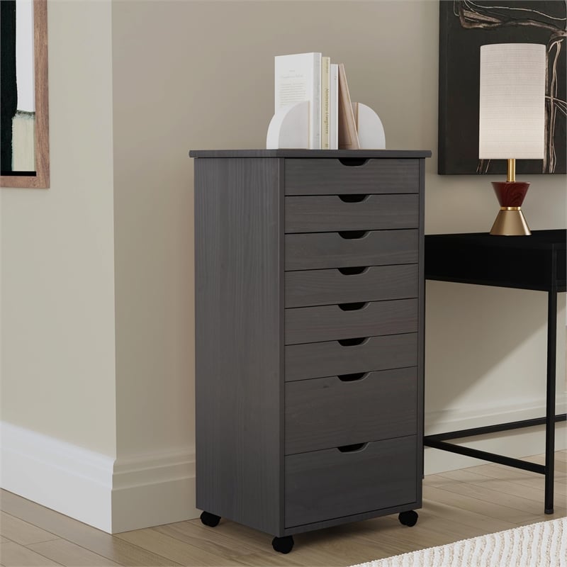 Linon Callie Eight Drawer Rolling Storage Cart in Gray Wood