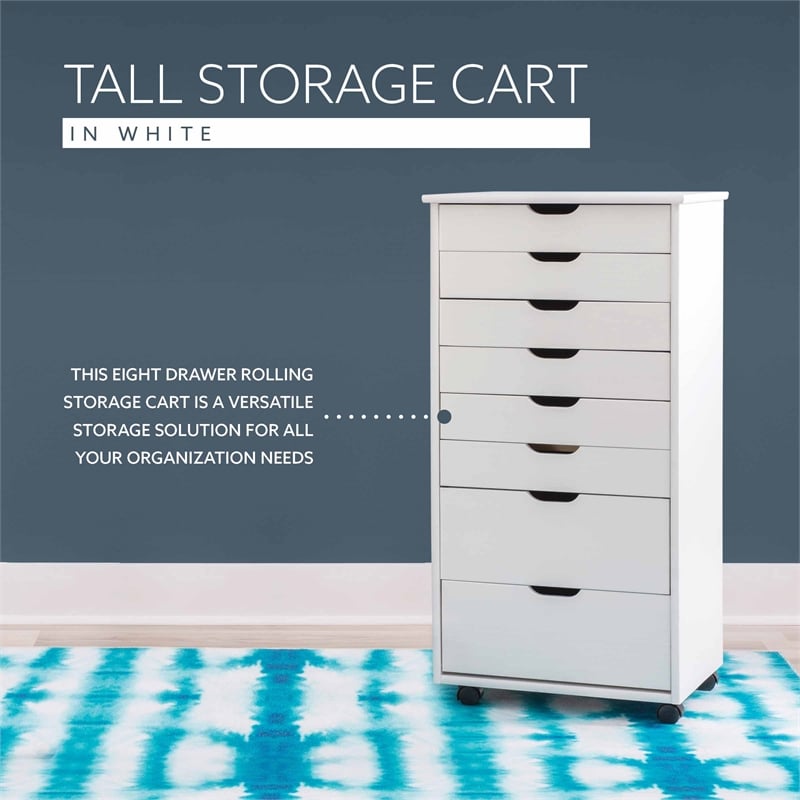 Linon Callie Eight Drawer Rolling Storage Cart in White Wash Wood