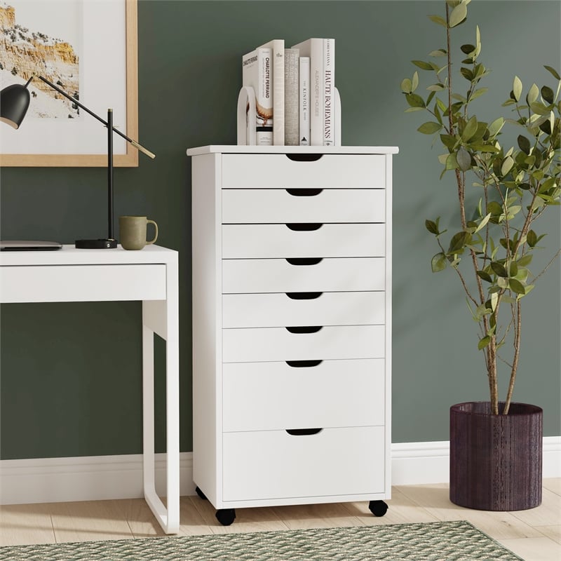 Linon Callie Eight Drawer Rolling Storage Cart in White Wash Wood