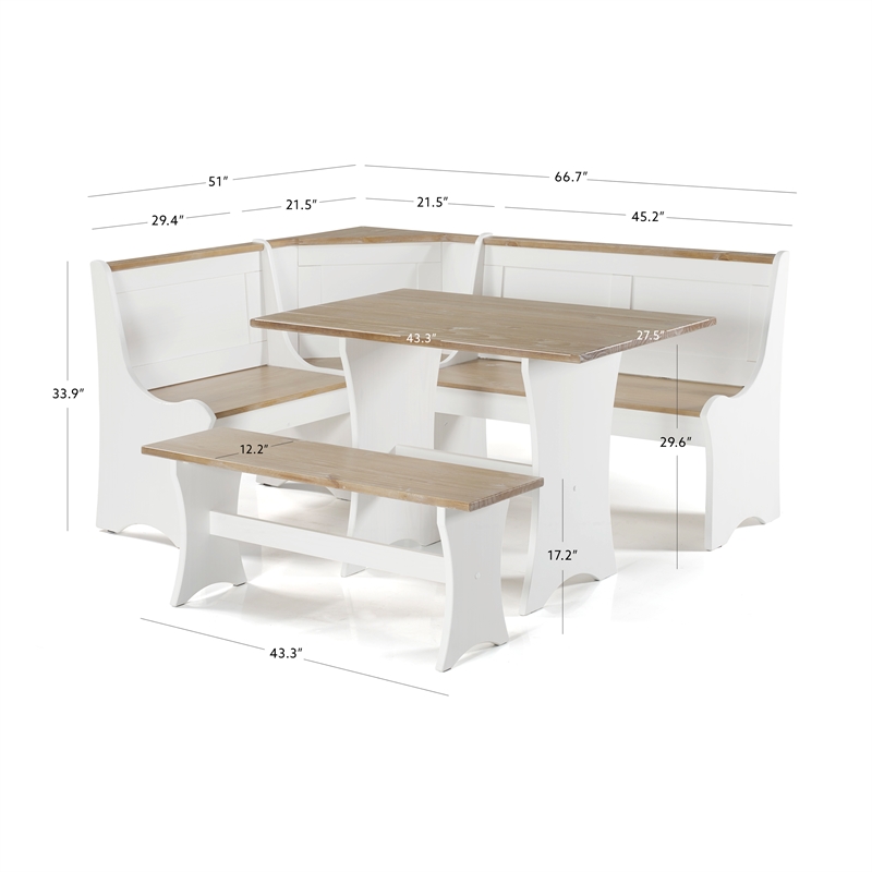 Linon Jackie Solid Wood Dining Nook Set with Storage in Antique White/Driftwood