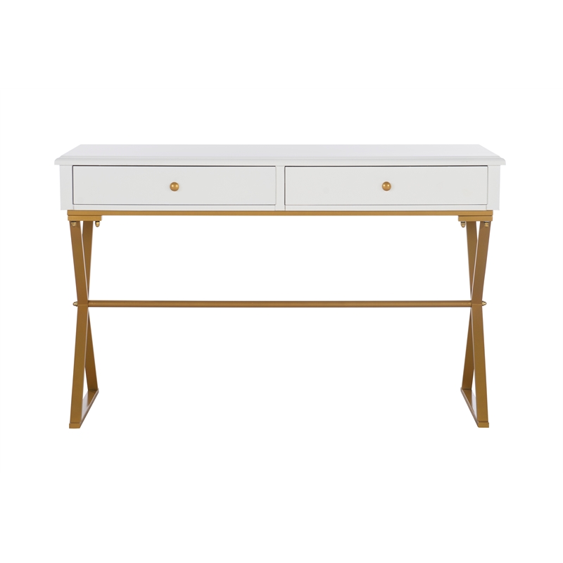 Linon Campaign Two Drawer Desk Gold Metal Criss Cross Legs Top in White Wood