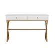 Linon Campaign Two Drawer Desk Gold Metal Criss Cross Legs Top in White Wood