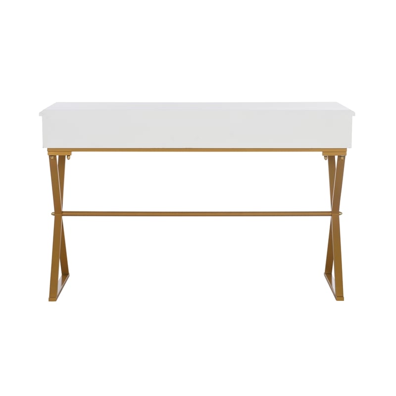 Linon Campaign Two Drawer Desk Gold Metal Criss Cross Legs Top in White Wood