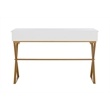 Linon Campaign Two Drawer Desk Gold Metal Criss Cross Legs Top in White Wood