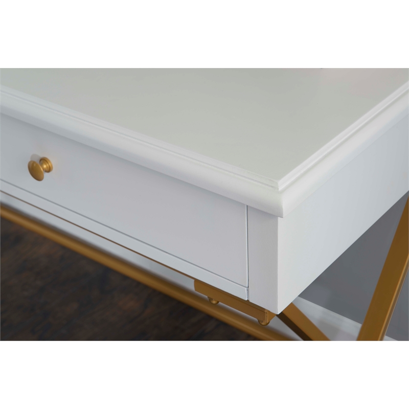 Linon Campaign Two Drawer Desk Gold Metal Criss Cross Legs Top in White Wood