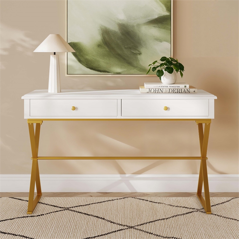 Linon Campaign Two Drawer Desk Gold Metal Criss Cross Legs Top in White Wood