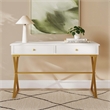 Linon Campaign Two Drawer Desk Gold Metal Criss Cross Legs Top in White Wood