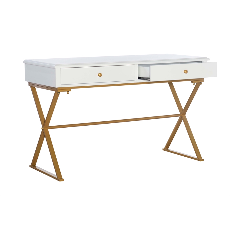 Linon Campaign Two Drawer Desk Gold Metal Criss Cross Legs Top in White Wood