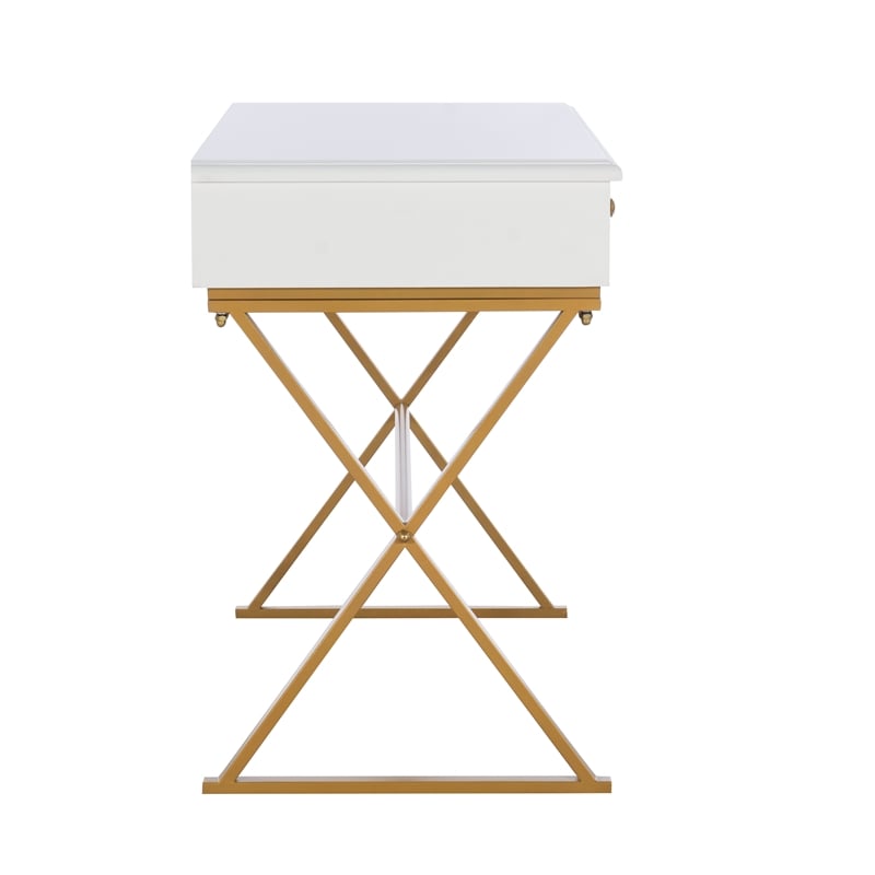 Linon Campaign Two Drawer Desk Gold Metal Criss Cross Legs Top in White Wood