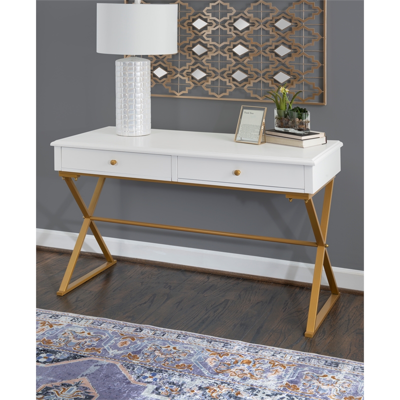 Linon Campaign Two Drawer Desk Gold Metal Criss Cross Legs Top in White Wood