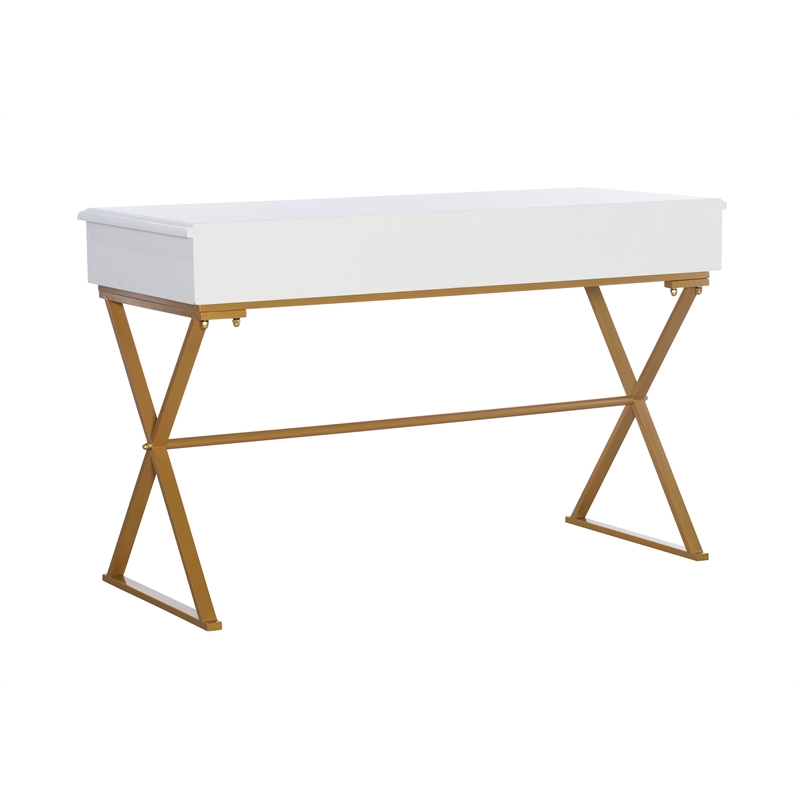 Linon Campaign Two Drawer Desk Gold Metal Criss Cross Legs Top in White Wood