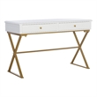 Linon Campaign Two Drawer Desk Gold Metal Criss Cross Legs Top in White Wood