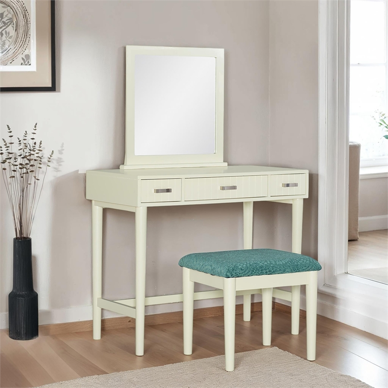 Linon Garbo Mirrored Vanity 3 Drawers Green Upholstered Stool in Cream Wood