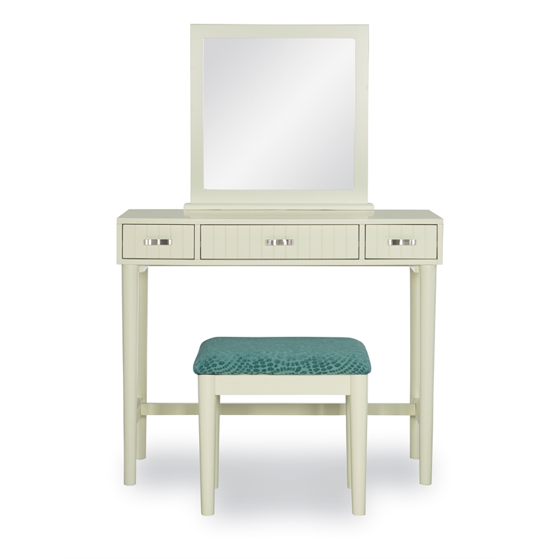 Linon Garbo Mirrored Vanity 3 Drawers Green Upholstered Stool in Cream Wood