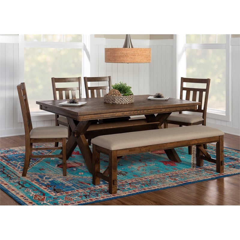 Linon Turino 6 Piece Dining Set X-Frame Padded Seats in Rustic Umber Wood