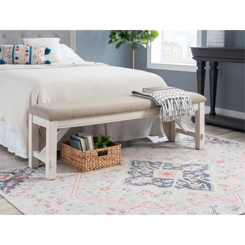 Linon Turino Tan Upholstered Bench in Smokey White Finished Wood