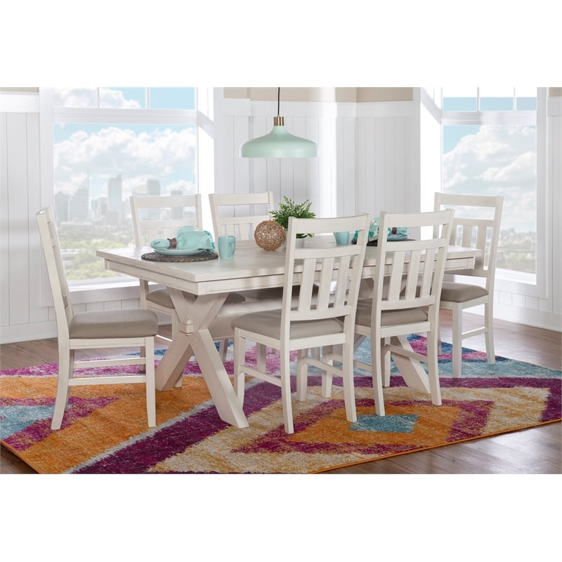 Linon Turino 7 Piece Wood Dining Set X-Frame Padded Seats in Distressed White