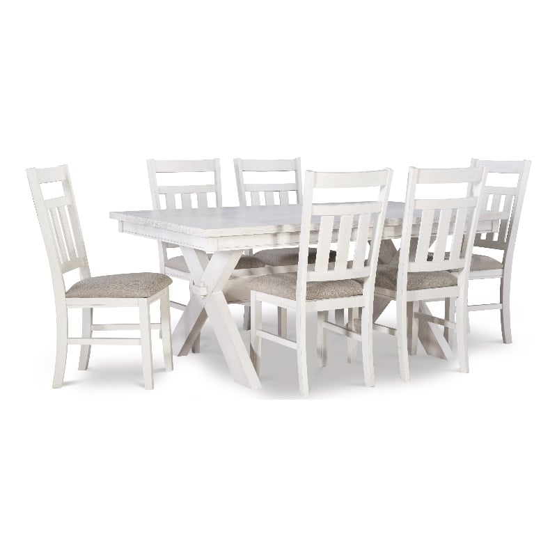 Linon Turino 7 Piece Wood Dining Set X-Frame Padded Seats in Distressed White