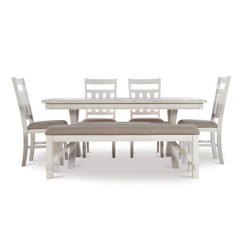 Linon Turino 6 Piece Wood Dining Set X-Frame Padded Seats in Smokey White Finish