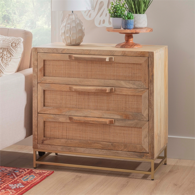 Linon Josie Wood 3 Drawer Cabinet Cane Detailing Gold Metal Base in Natural