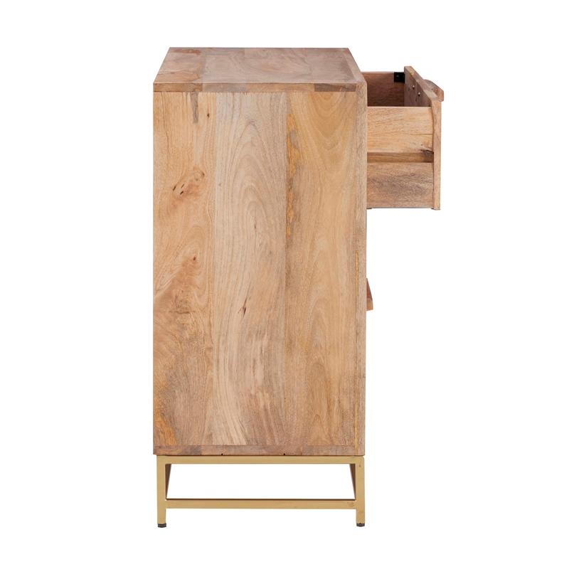 Linon Josie Wood 3 Drawer Cabinet Cane Detailing Gold Metal Base in Natural