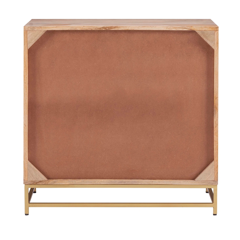 Linon Josie Wood 3 Drawer Cabinet Cane Detailing Gold Metal Base in Natural