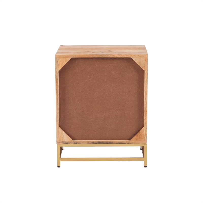 Linon Josie Wood 2 Drawer Side Table Cane Detailing Gold Metal Base in Natural