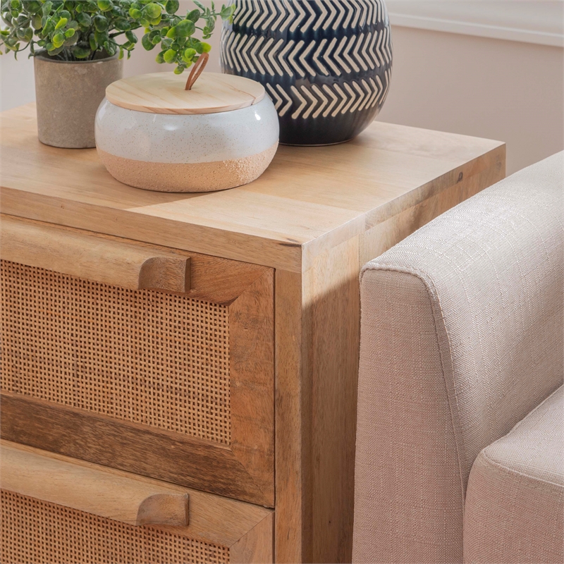 Linon Josie Wood 2 Drawer Side Table Cane Detailing Gold Metal Base in Natural
