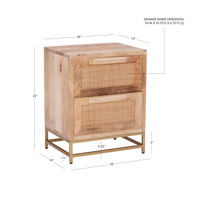 Linon Josie Wood 2 Drawer Side Table Cane Detailing Gold Metal Base in Natural