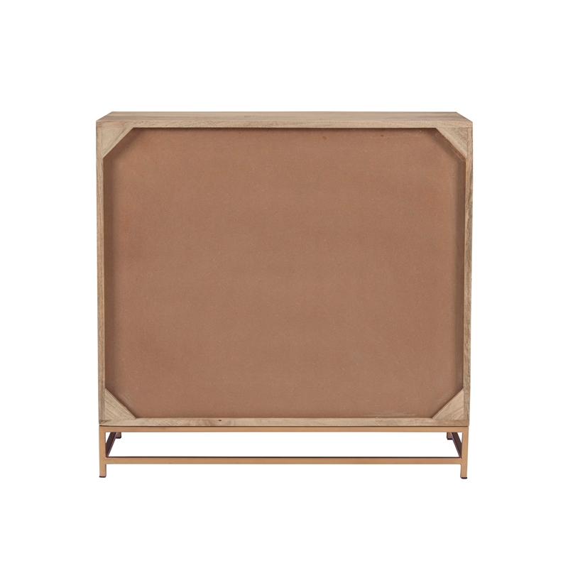 Linon Josie Wood Storage Cabinet 2 Sliding Cane Doors Gold Metal Base in Natural