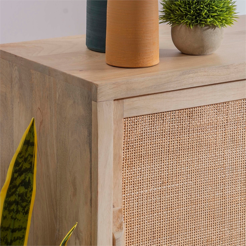 Linon Josie Wood Storage Cabinet 2 Sliding Cane Doors Gold Metal Base in Natural