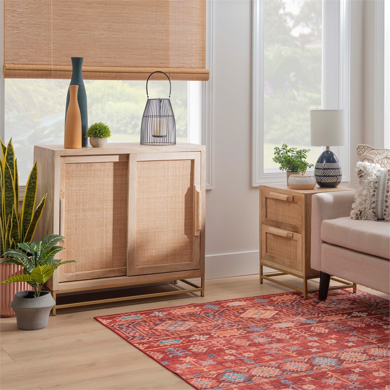 Linon Josie Wood Storage Cabinet 2 Sliding Cane Doors Gold Metal Base in Natural