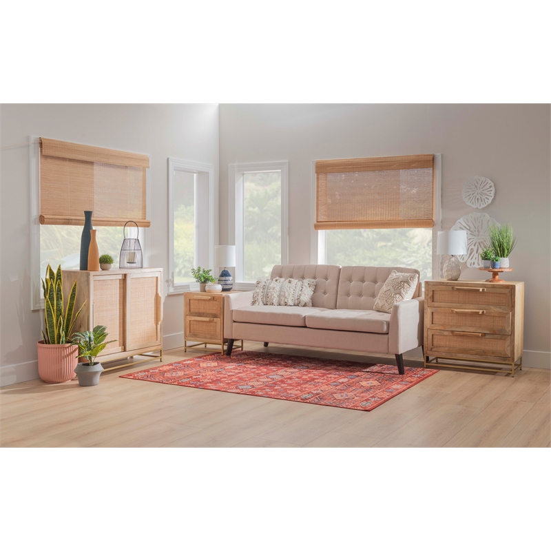 Linon Josie Wood Storage Cabinet 2 Sliding Cane Doors Gold Metal Base in Natural