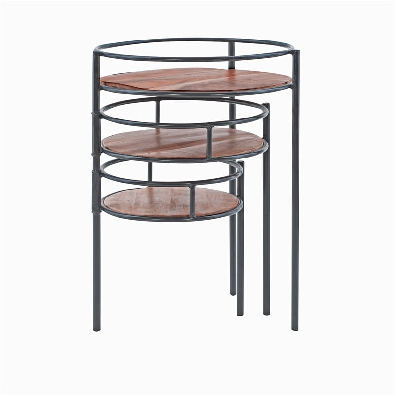 Linon Carter Three Tiered Iron and Wood Side Table/Plant Stand in Black/Natural