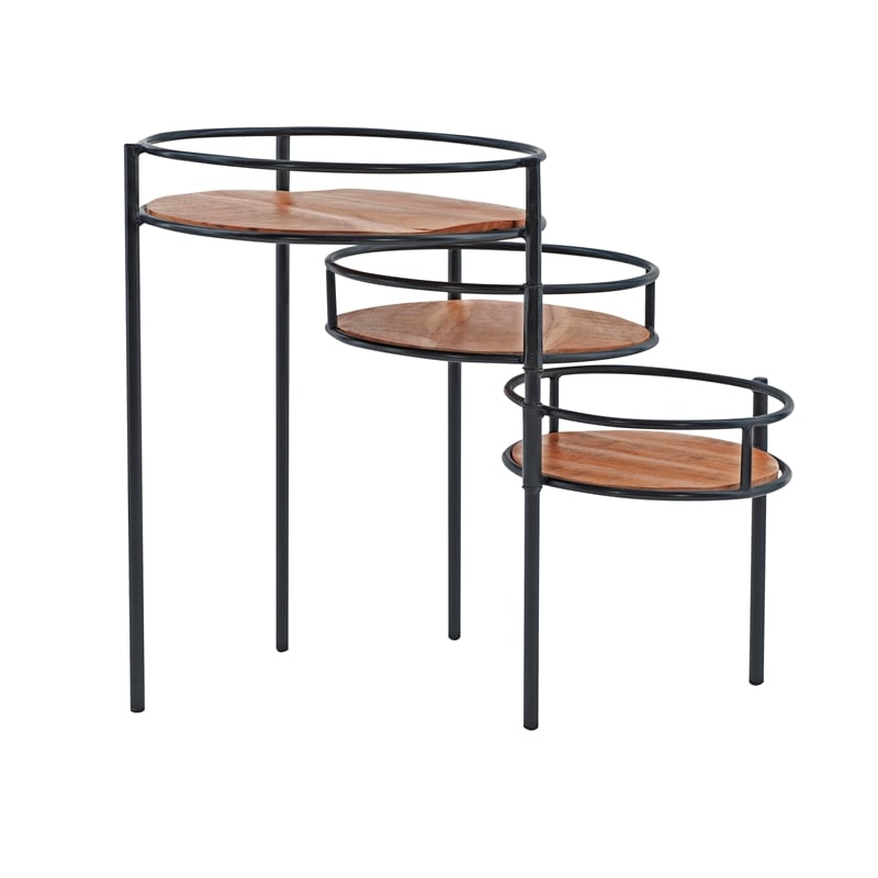 Linon Carter Three Tiered Iron and Wood Side Table/Plant Stand in Black/Natural