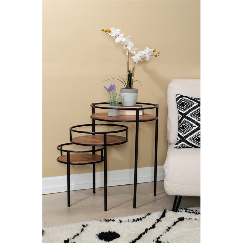 Linon Carter Three Tiered Iron and Wood Side Table/Plant Stand in Black/Natural