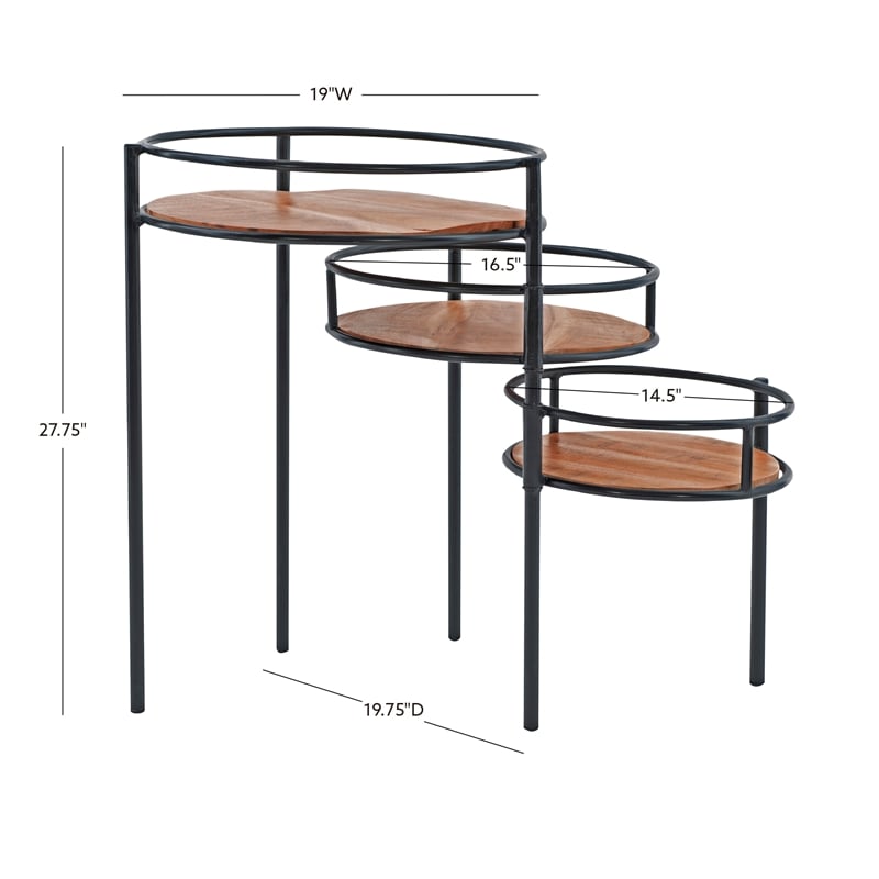 Linon Carter Three Tiered Iron and Wood Side Table/Plant Stand in Black/Natural