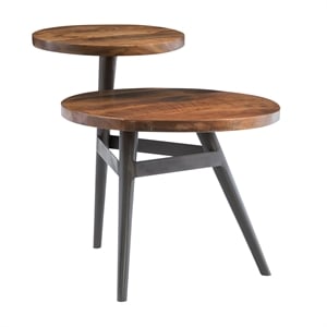 linon carter two tiered side table circular wood tops iron legs in gunmetal gray