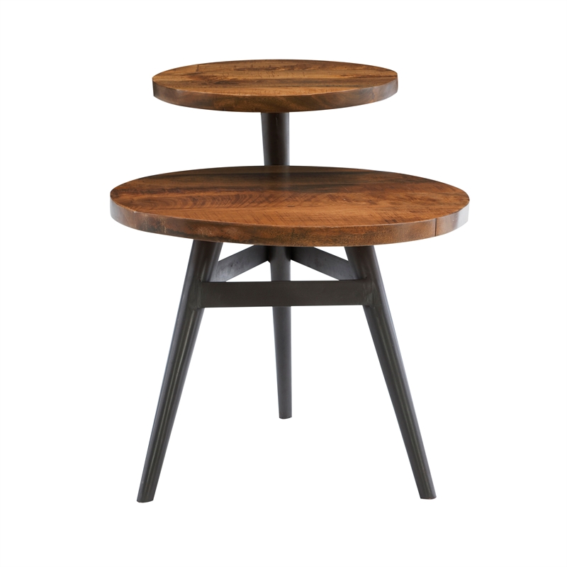 Linon Carter Two Tiered Side Table Circular Wood Tops Iron Legs in Gunmetal Gray
