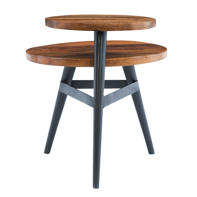 Linon Carter Two Tiered Side Table Circular Wood Tops Iron Legs in Gunmetal Gray