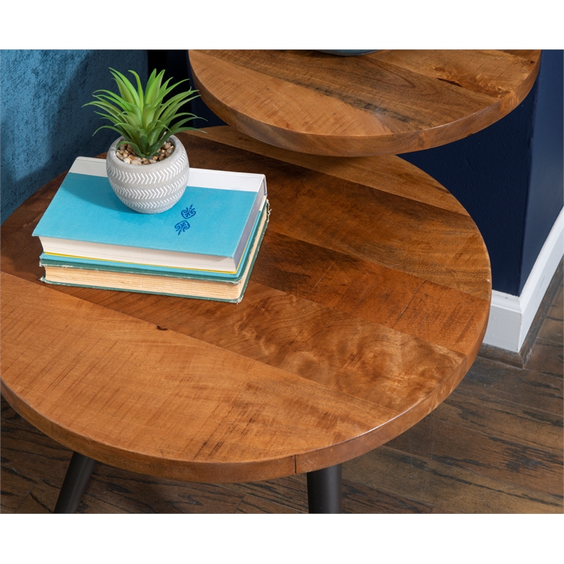 Linon Carter Two Tiered Side Table Circular Wood Tops Iron Legs in Gunmetal Gray