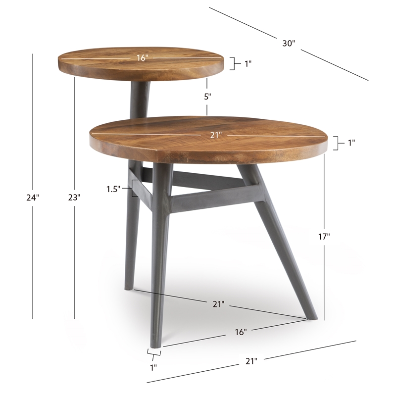 Linon Carter Two Tiered Side Table Circular Wood Tops Iron Legs in Gunmetal Gray