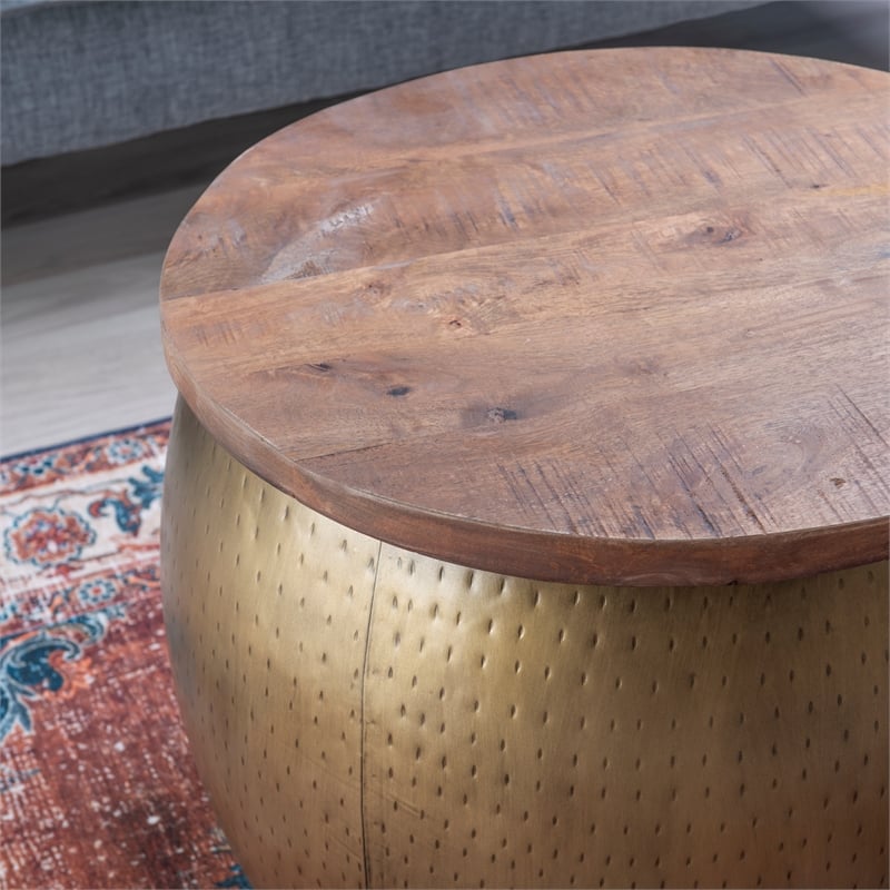 Linon Reid Metal Drum Table with Storage in Brass