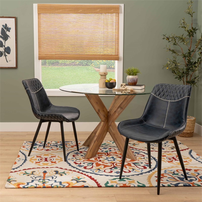 Linon Mabry Faux Leather Upholstered Set of Two Dining Chairs Steel Legs in Blue