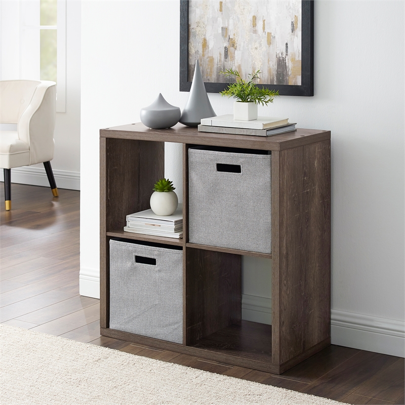 Linon Lane Four Cubby Storage Cabinet with Open Back in Gray Wood